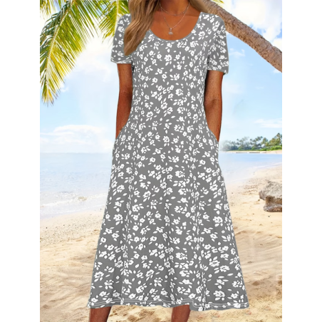 Women Floral Short Sleeve Crew Neck Printing Dress Daily Casual Maxi Shift Dress H-Line Summer Dress