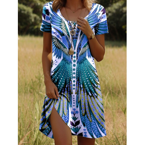 Women Ethnic Short Sleeve Crew Neck Dress Vacation Boho Midi A-Line Summer Dress