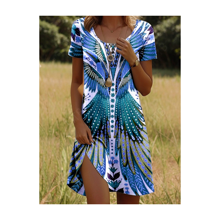 Women Ethnic Short Sleeve Crew Neck Dress Vacation Boho Midi A-Line Summer Dress