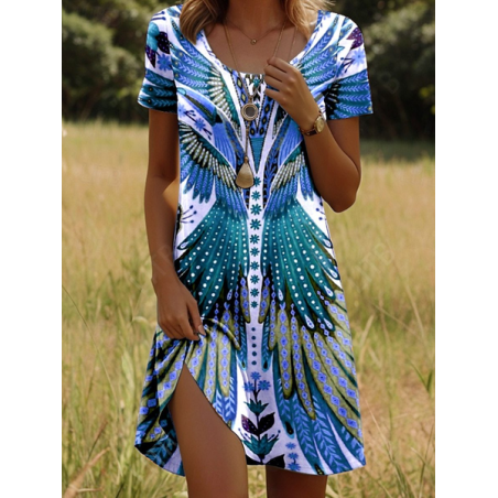 Women Ethnic Short Sleeve Crew Neck Dress Vacation Boho Midi A-Line Summer Dress