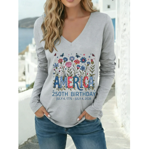 Women Floral Long Sleeve Tee T-shirt V Neck Printing Casual Graphic Tee Spring/Fall Top