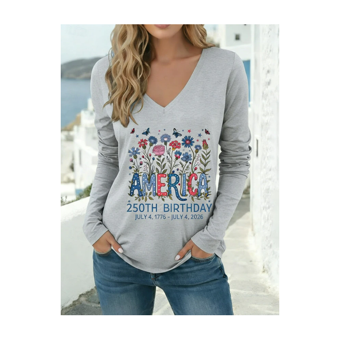 Women Floral Long Sleeve Tee T-shirt V Neck Printing Casual Graphic Tee Spring/Fall Top