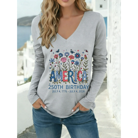 Women Floral Long Sleeve Tee T-shirt V Neck Printing Casual Graphic Tee Spring/Fall Top