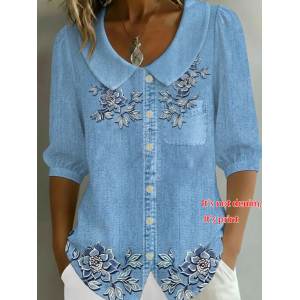 Women Floral Shawl Collar Half Sleeve Shirt Printing Casual Daily Summer Top