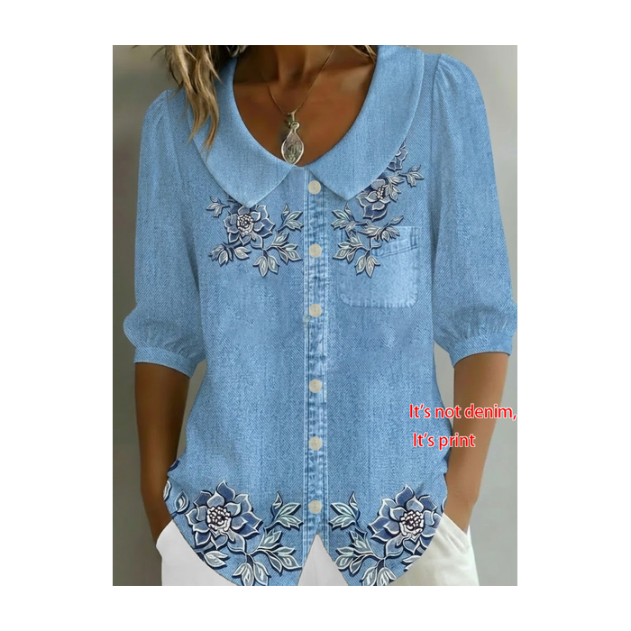 Women Floral Shawl Collar Half Sleeve Shirt Printing Casual Daily Summer Top
