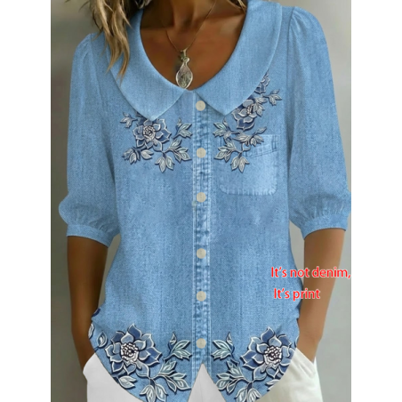 Women Floral Shawl Collar Half Sleeve Shirt Printing Casual Daily Summer Top