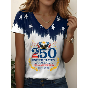 Women Text Letters Short Sleeve Tee T-shirt V Neck Printing Vintage Summer Top