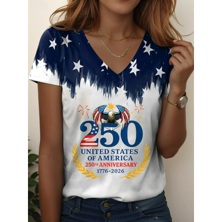 Women Text Letters Short Sleeve Tee T-shirt V Neck Printing Vintage Summer Top