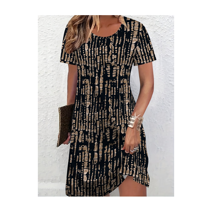 Women Abstract Short Sleeve Crew Neck Printing Dress Daily Casual Midi T-Shirt Dress A-Line Summer Dress