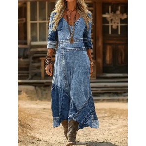 Women Faux Denim Print Graphic Long Sleeve Spring/Fall Printing Dress V Neck Daily Vintage Maxi H-Line Dress