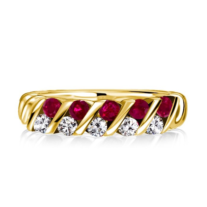 Italo Golden Five Stone Round Cut Ruby & White Sapphire Wedding Band