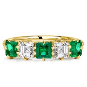 Five Stone Asscher Cut Green Emerald Half Eternity Wedding Band For Women