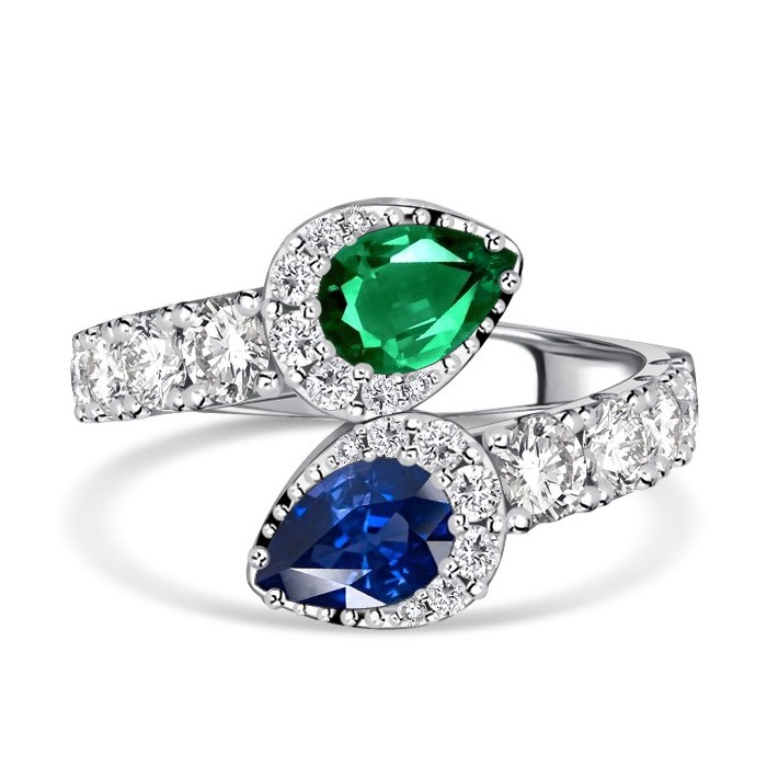 Italo Pear Cut Teardrop Ring Emerald & Blue Sapphire Ring