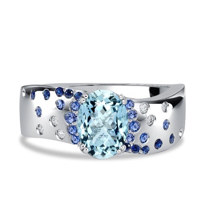 Italo Wave Flush Setting Oval Cut Aquamarine Unique Engagement Ring