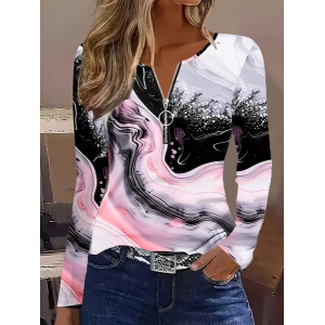 Women Abstract Long Sleeve Tee T-shirt V Neck Printing Vintage Spring/Fall Top