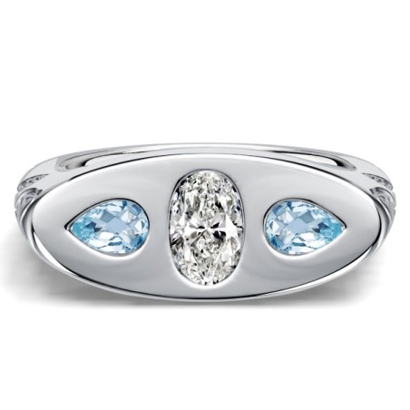 Italo Filigree Oval Cut Aquamarine Three Stone Engagement Ring For Women