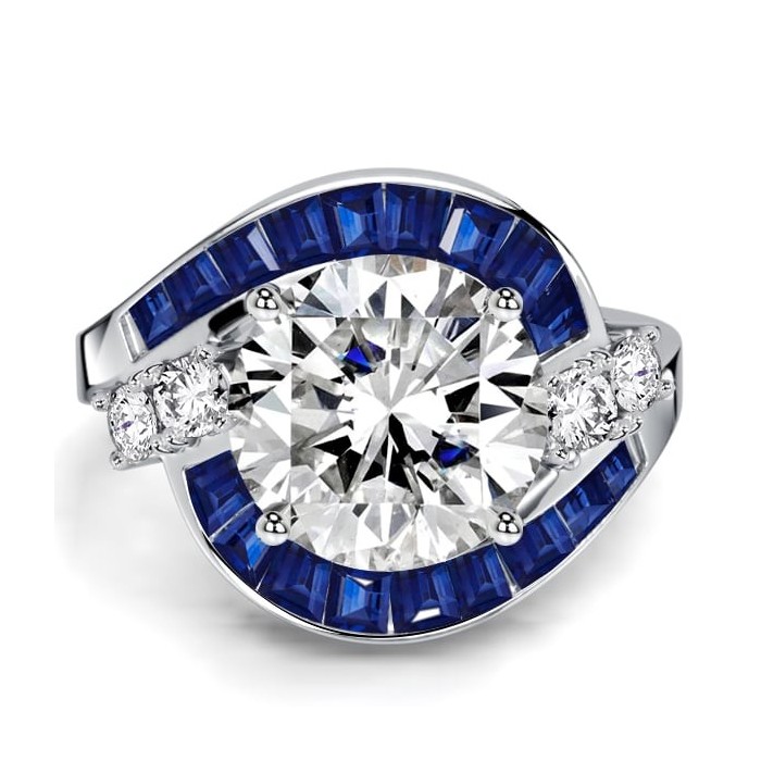 Italo Ballerina Ring Round Cut Blue Sapphire Halo Engagement Ring For Women