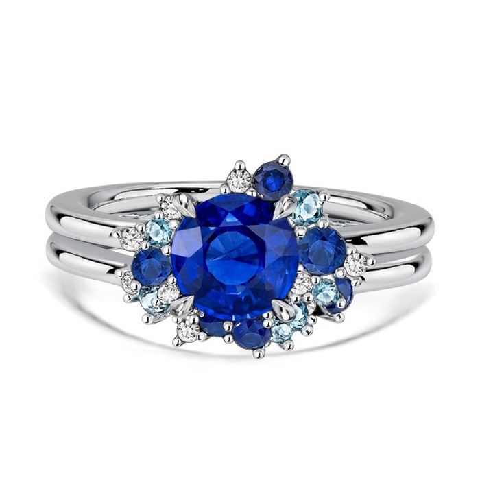 Italo Cluster Waterfall Blue Sapphire Engagement Ring Sets For Women