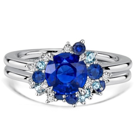 Italo Cluster Waterfall Blue Sapphire Engagement Ring Sets For Women