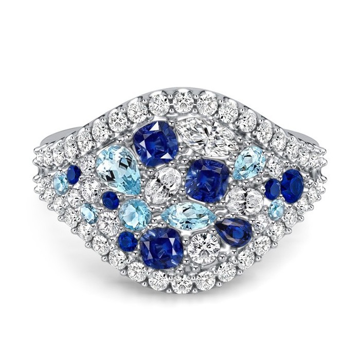 Italo Cluster Multi Cut Aquamarine & Blue Sapphire Unique Engagement Ring