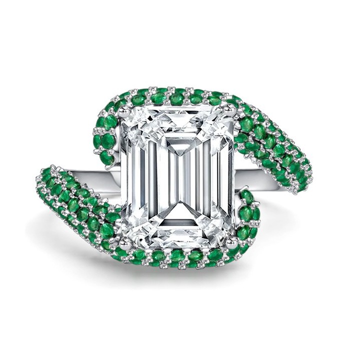 Italo Micro Pave Bypass Emerald Sapphire Emerald Cut Unique Engagement Ring