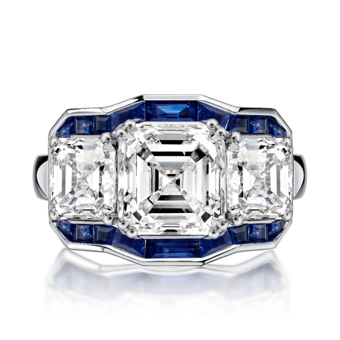 Italo Halo Asscher Cut Blue Sapphire Three Stone Engagement Ring For Women