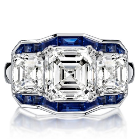 Italo Halo Asscher Cut Blue Sapphire Three Stone Engagement Ring For Women