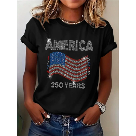 Women Independence Day (Flag) Short Sleeve Tee T-shirt Crew Neck Printing Casual Graphic Tee Summer Top