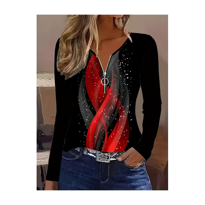 Women Abstract Long Sleeve Tee T-shirt V Neck Printing Vintage Spring/Fall Top