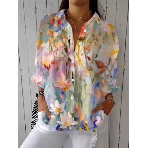 Women Floral Shirt Collar Three Quarter Sleeve Shirt Printing Casual Daily Spring/Fall Top