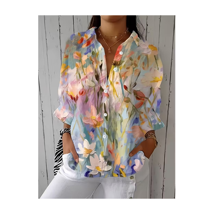 Women Floral Shirt Collar Three Quarter Sleeve Shirt Printing Casual Daily Spring/Fall Top