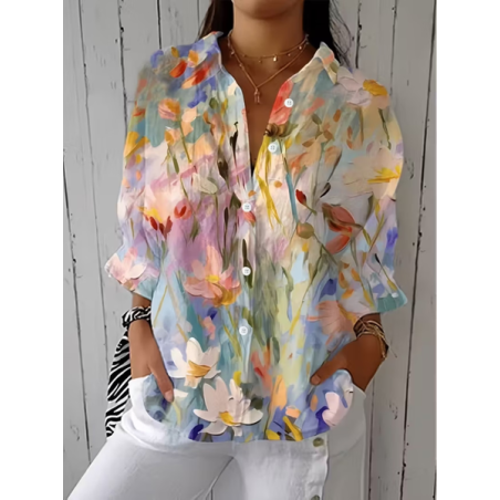 Women Floral Shirt Collar Three Quarter Sleeve Shirt Printing Casual Daily Spring/Fall Top