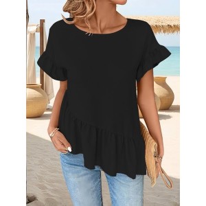 Women Plain Short Sleeve Tee T-shirt Crew Neck Split Joint Casual Summer Top