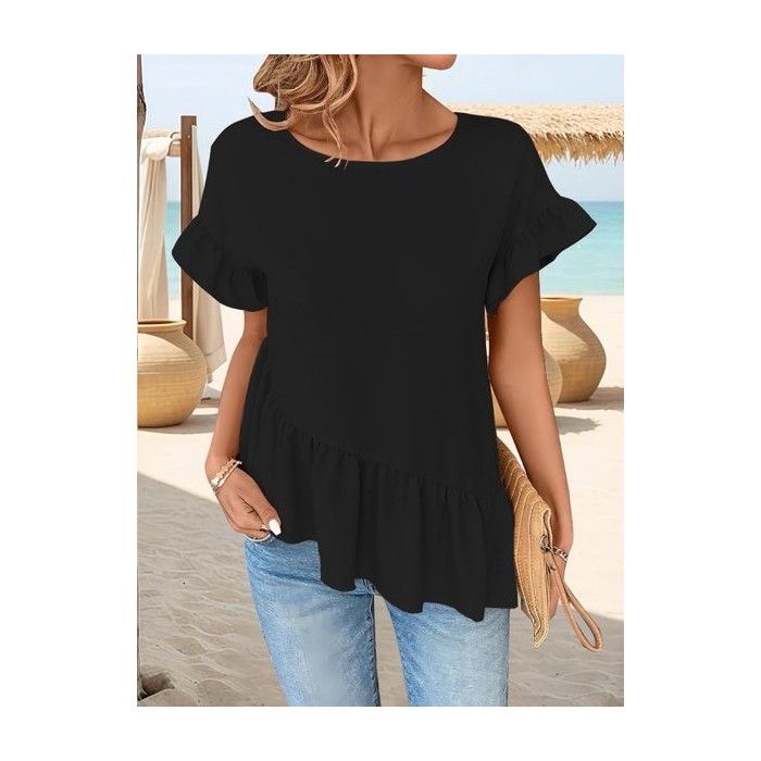 Women Plain Short Sleeve Tee T-shirt Crew Neck Split Joint Casual Summer Top