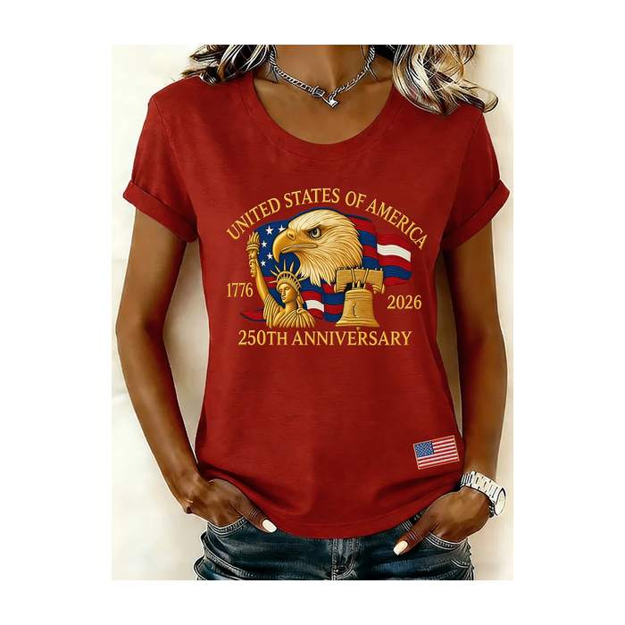 Women Independence Day (Flag) Short Sleeve Tee T-shirt Crew Neck Printing Casual Graphic Tee Summer Top