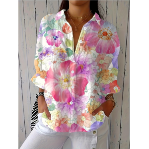 Women Floral Shirt Collar Three Quarter Sleeve Shirt Printing Casual Daily Spring/Fall Top