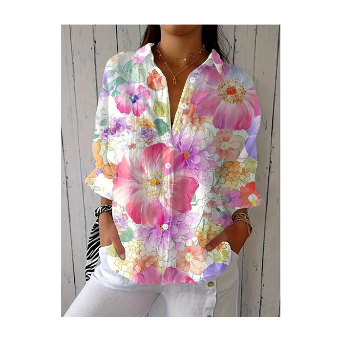 Women Floral Shirt Collar Three Quarter Sleeve Shirt Printing Casual Daily Spring/Fall Top