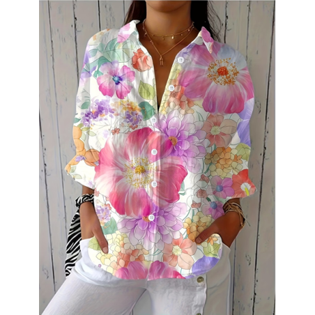 Women Floral Shirt Collar Three Quarter Sleeve Shirt Printing Casual Daily Spring/Fall Top