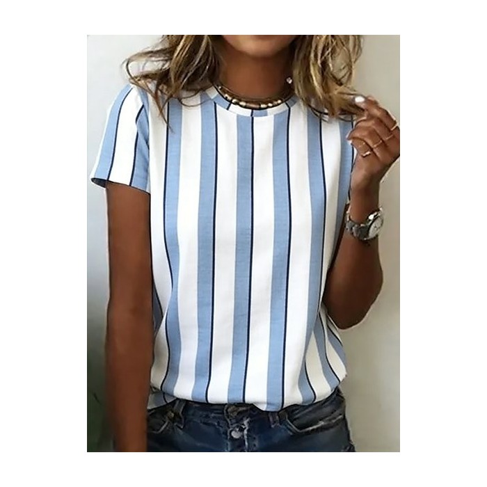 Women Striped Short Sleeve Tee T-shirt Crew Neck Casual Summer Top