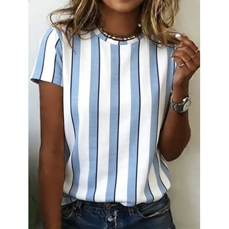 Women Striped Short Sleeve Tee T-shirt Crew Neck Casual Summer Top