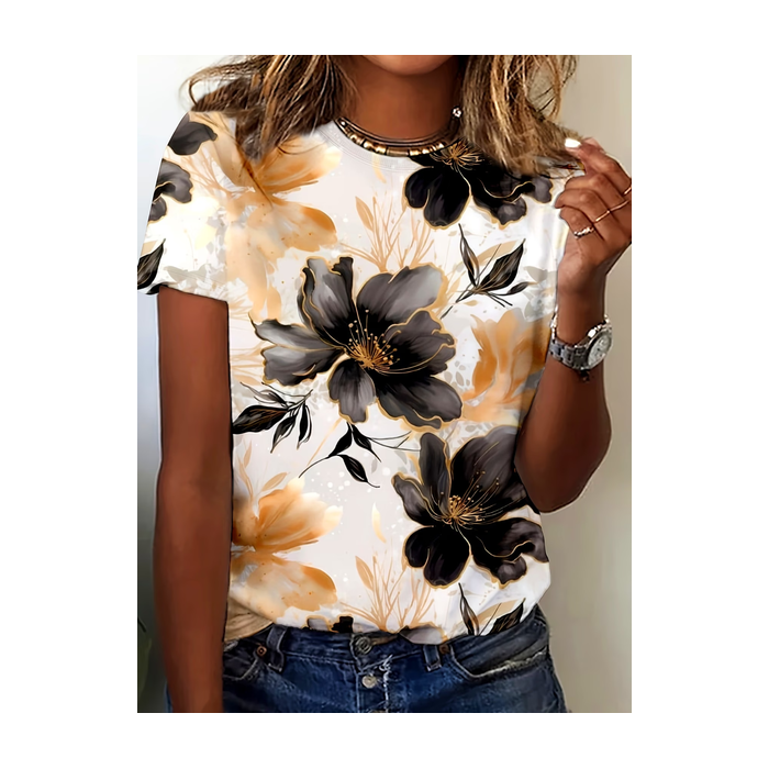 Women Floral Short Sleeve Tee T-shirt Crew Neck Printing Casual Graphic Tee Summer Top