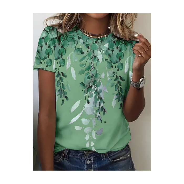 Women Floral Short Sleeve Tee T-shirt Crew Neck Printing Casual Graphic Tee Summer Top