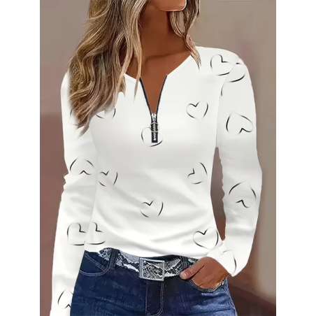 Women Heart/Cordate Long Sleeve Tee T-shirt V Neck Printing Vintage Spring/Fall Top
