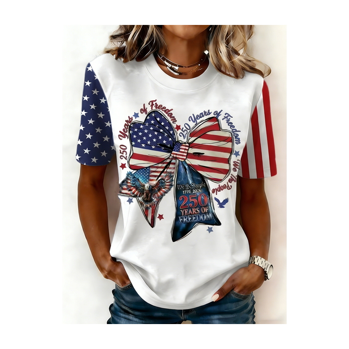 Women USA/US/American Short Sleeve Tee T-shirt Crew Neck Casual Summer Top