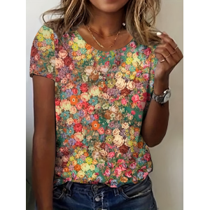 Women Floral Short Sleeve Tee T-shirt Crew Neck Printing Casual Graphic Tee Summer Top