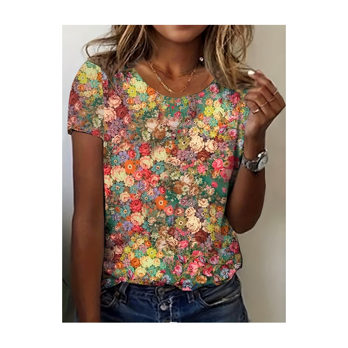 Women Floral Short Sleeve Tee T-shirt Crew Neck Printing Casual Graphic Tee Summer Top