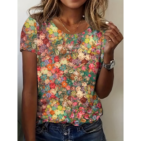 Women Floral Short Sleeve Tee T-shirt Crew Neck Printing Casual Graphic Tee Summer Top