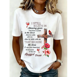 Women Floral Short Sleeve Tee T-shirt Crew Neck Printing Casual Graphic Tee Summer Top