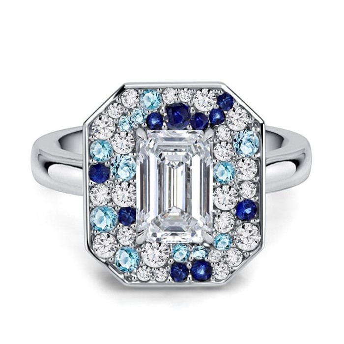 Italo Elongated Blue Sapphire Baguette Cut Halo Engagement Ring For Women