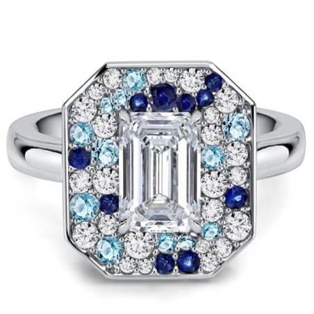 Italo Elongated Blue Sapphire Baguette Cut Halo Engagement Ring For Women